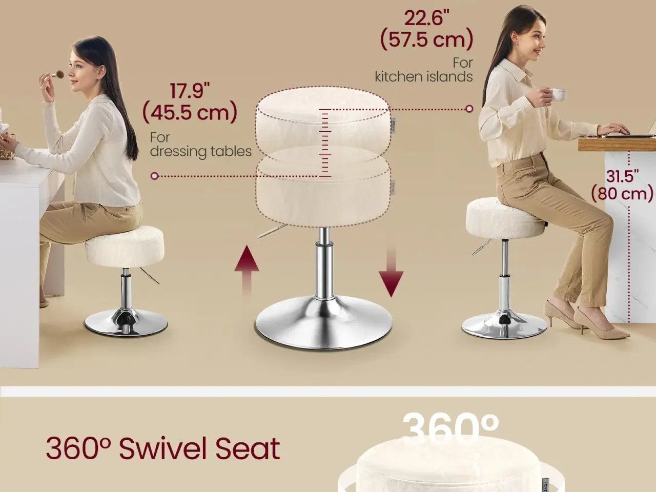 Billede 4 - Højdejusterbar make-up skammel – 360° drejbar taburet i cremehvid PU med tyk pude, moderne