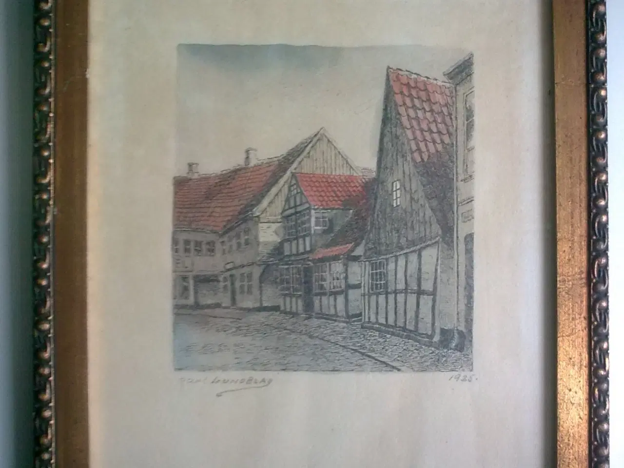 Billede 1 - Antik træ guldramme m radering DANMARK købstad