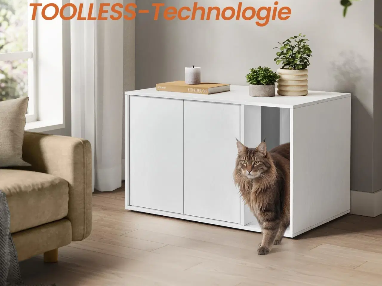 Billede 7 - Kattebakke-skab med sidebord HOME, hurtig samling uden værktøj, til store katte, push-to-open låger, minimalistisk sofabord, Snehvid (PCL013W01)