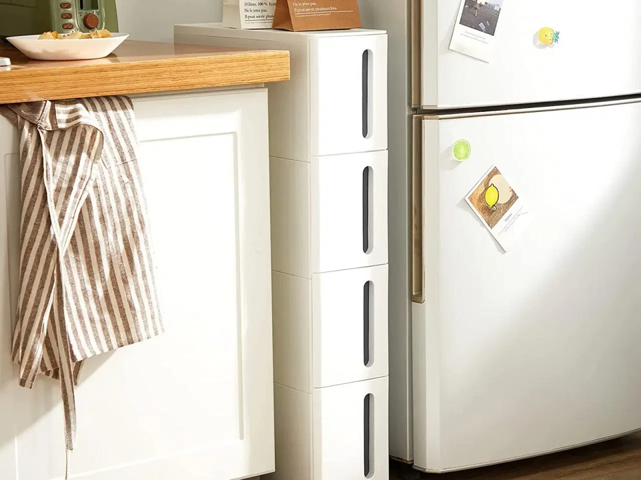 Billede 3 - Køkkenopbevaring skuffetårn smal plast, 4 skuffer, på hjul, hvid/grå, 45 × 17 × 84 cm