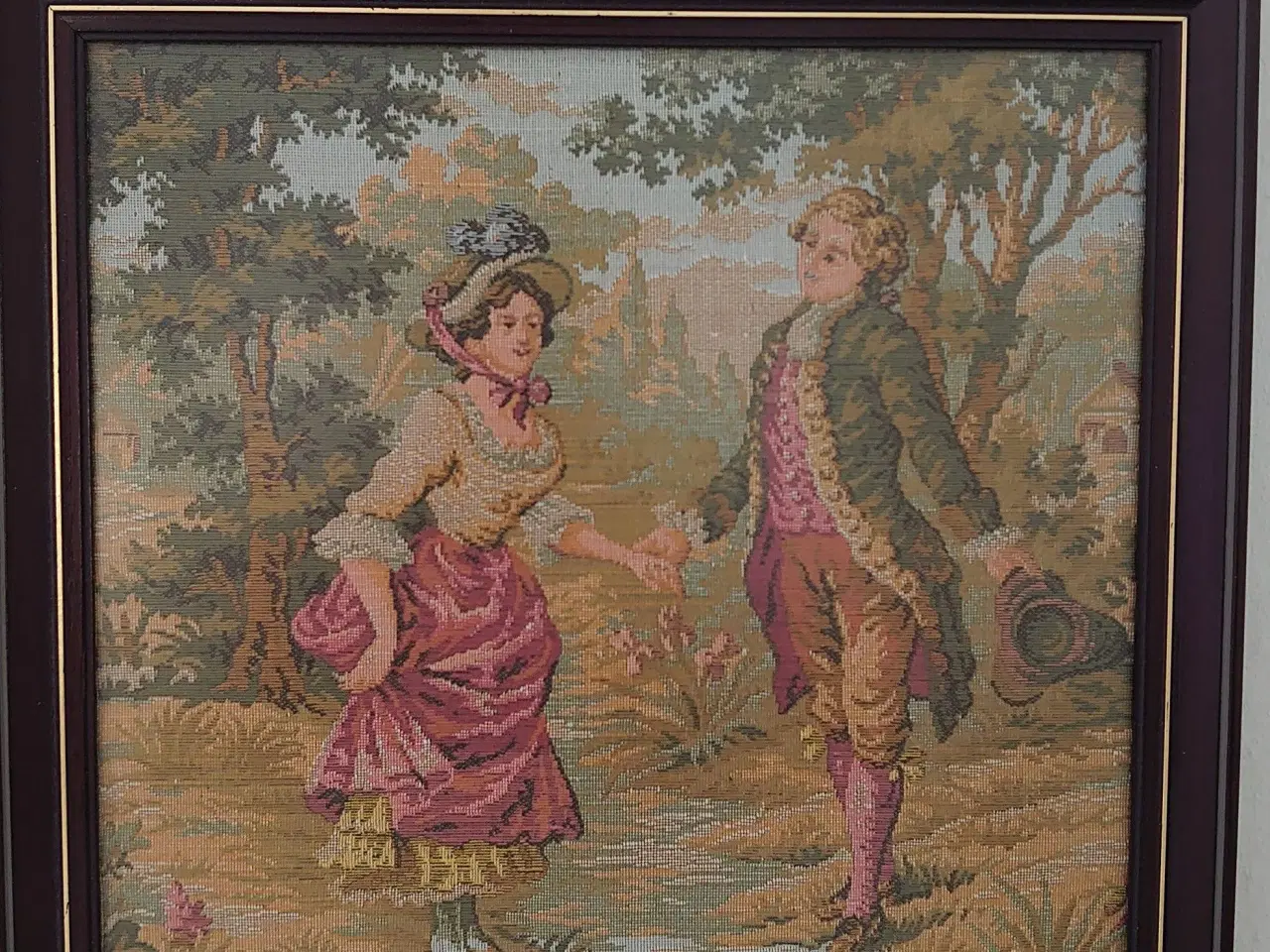 Billede 3 - 2 gamle vævede motiver af fransk romantik i ramme.