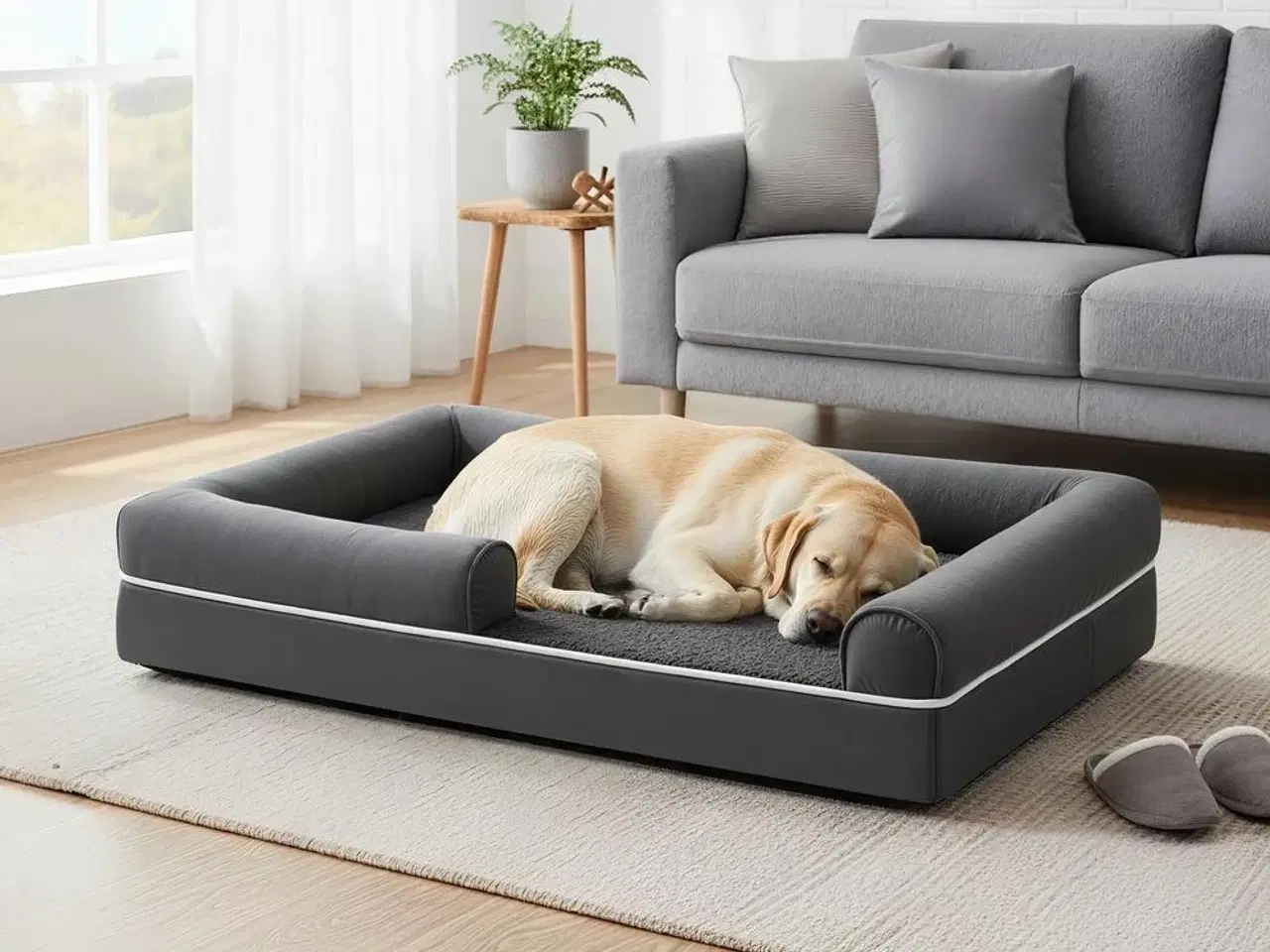 Billede 4 - FEANDREA hundeseng – ortopædisk, stor, vandafvisende hundesofa med aftageligt vaskbart betræk, skridsikker bund, hævede kanter, 106,5 × 71,5 × 18,5 cm, mørkegrå