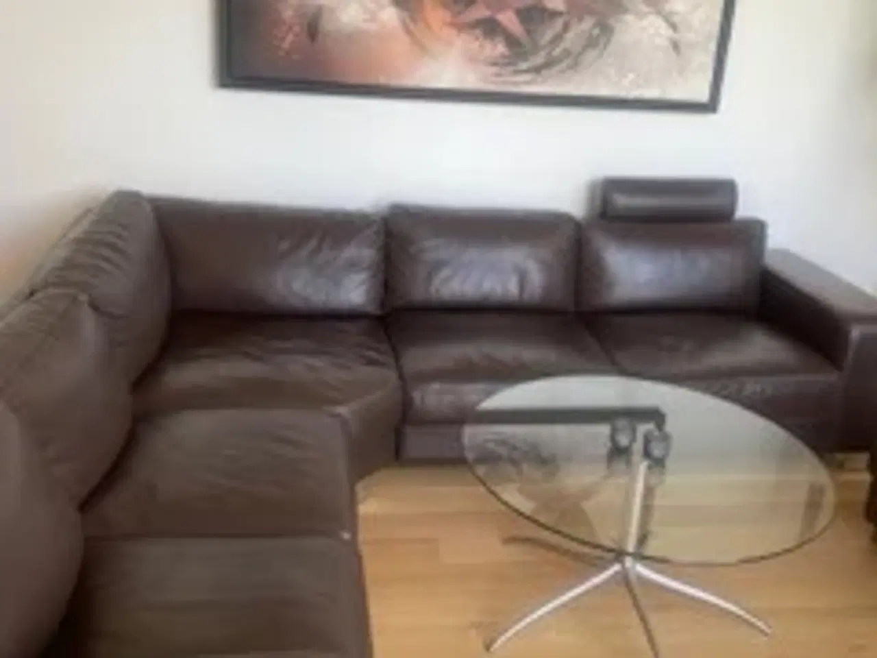 Billede 1 -  Brun læder hjørnesofa med puf