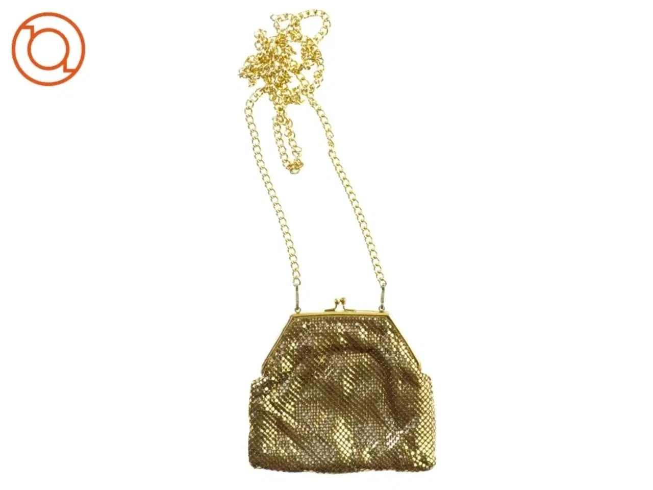 Billede 1 - Selskabstaske i guld-metal med lang kæde (str. 15 x 14 cm)