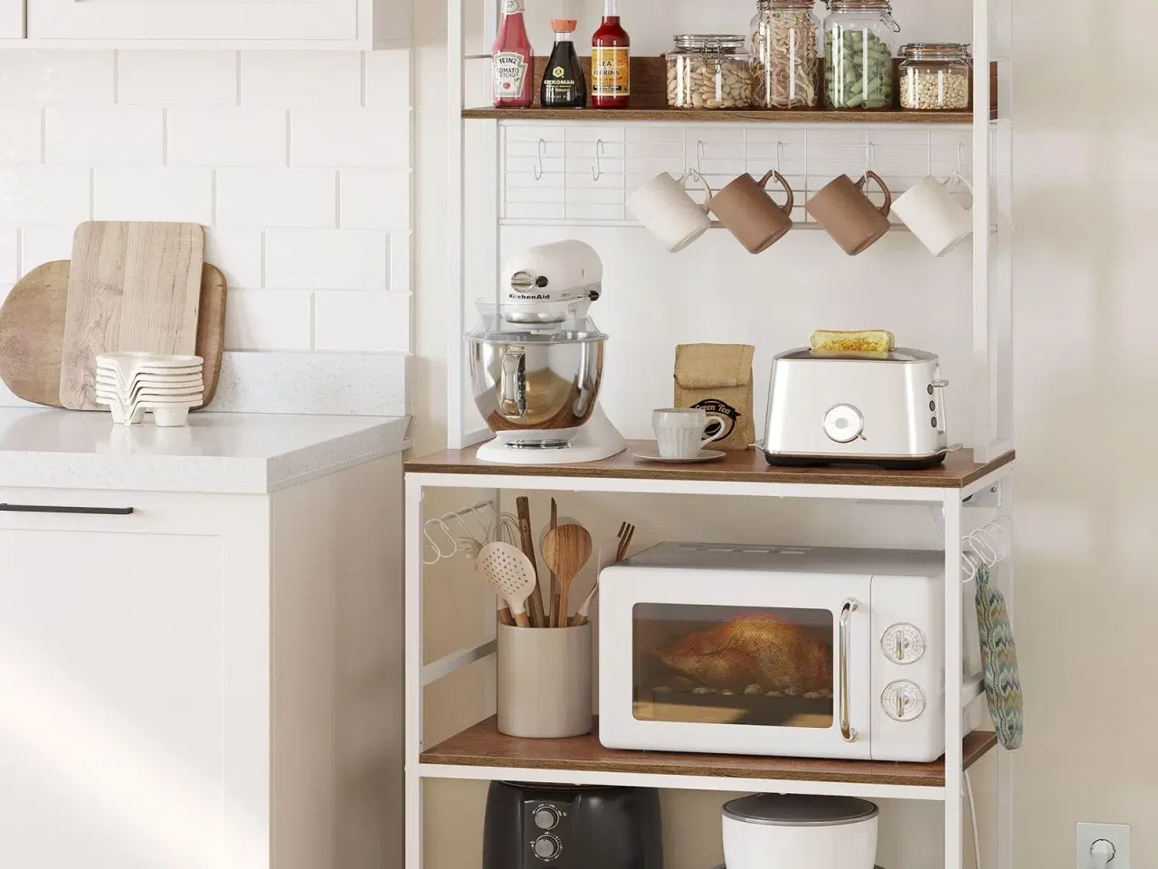 Billede 2 - Køkkenreol med stikdåse mikrobølgeovnshylde med gitter, 14 kroge, 40 × 80 × 170 cm, vintage brun/hvid