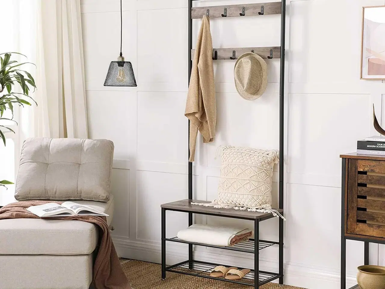 Billede 2 - Tøjstativ med bænk og skohylde 3-i-1 entremøbel, stålramme, 70 × 32 × 175 cm, industriel greige/sort (HSR41MB)