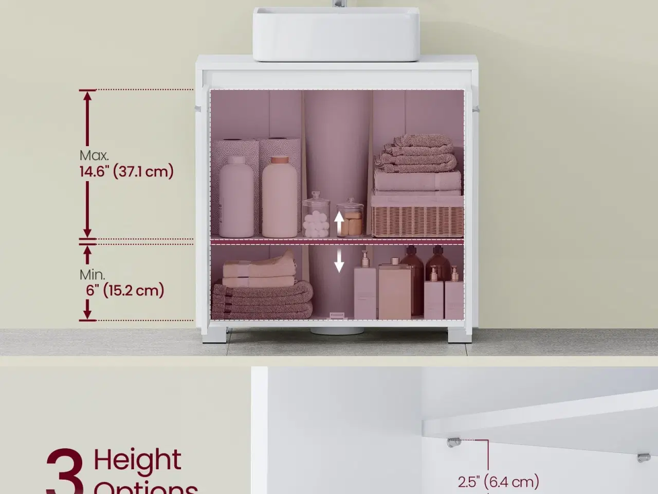 Billede 3 - Underskab til håndvask med 2 rum – passer til forskellige håndvaske, justerbar hylde, med ben, 30 × 60 × 60 cm – skyhvid