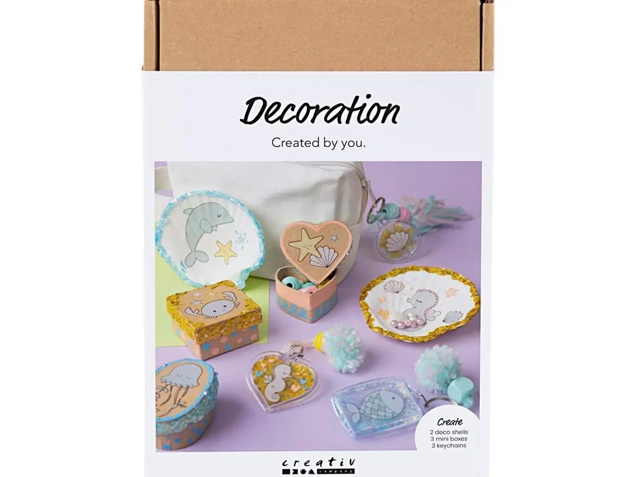 Billede 1 - DIY Kit Dekoration, Æsker, muslingeskaller, nøgleringe, pastelfarver, 1 pk.