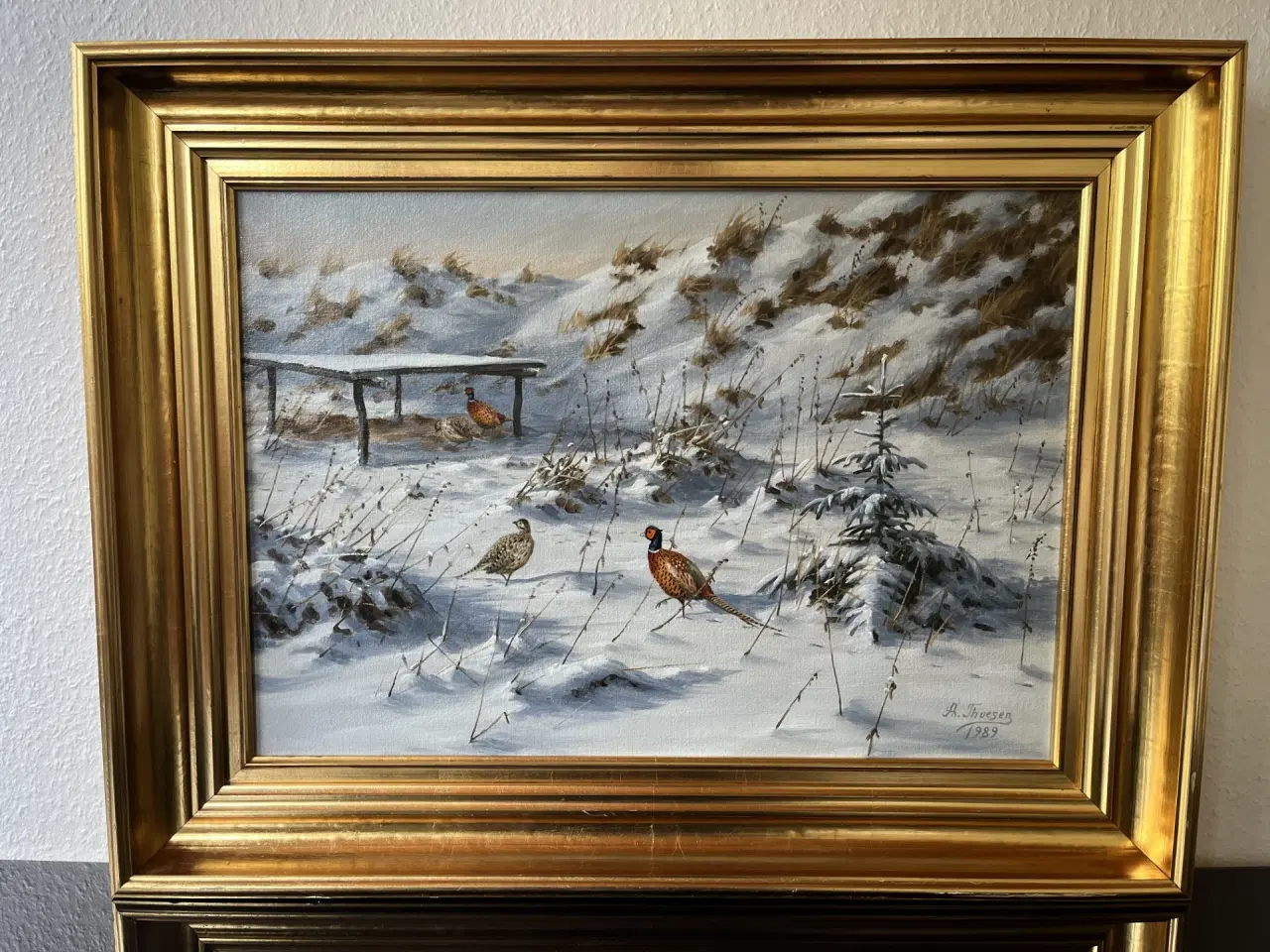 Billede 1 - Oliemaleri A. Thuesen Vinterlandskab med fasaner