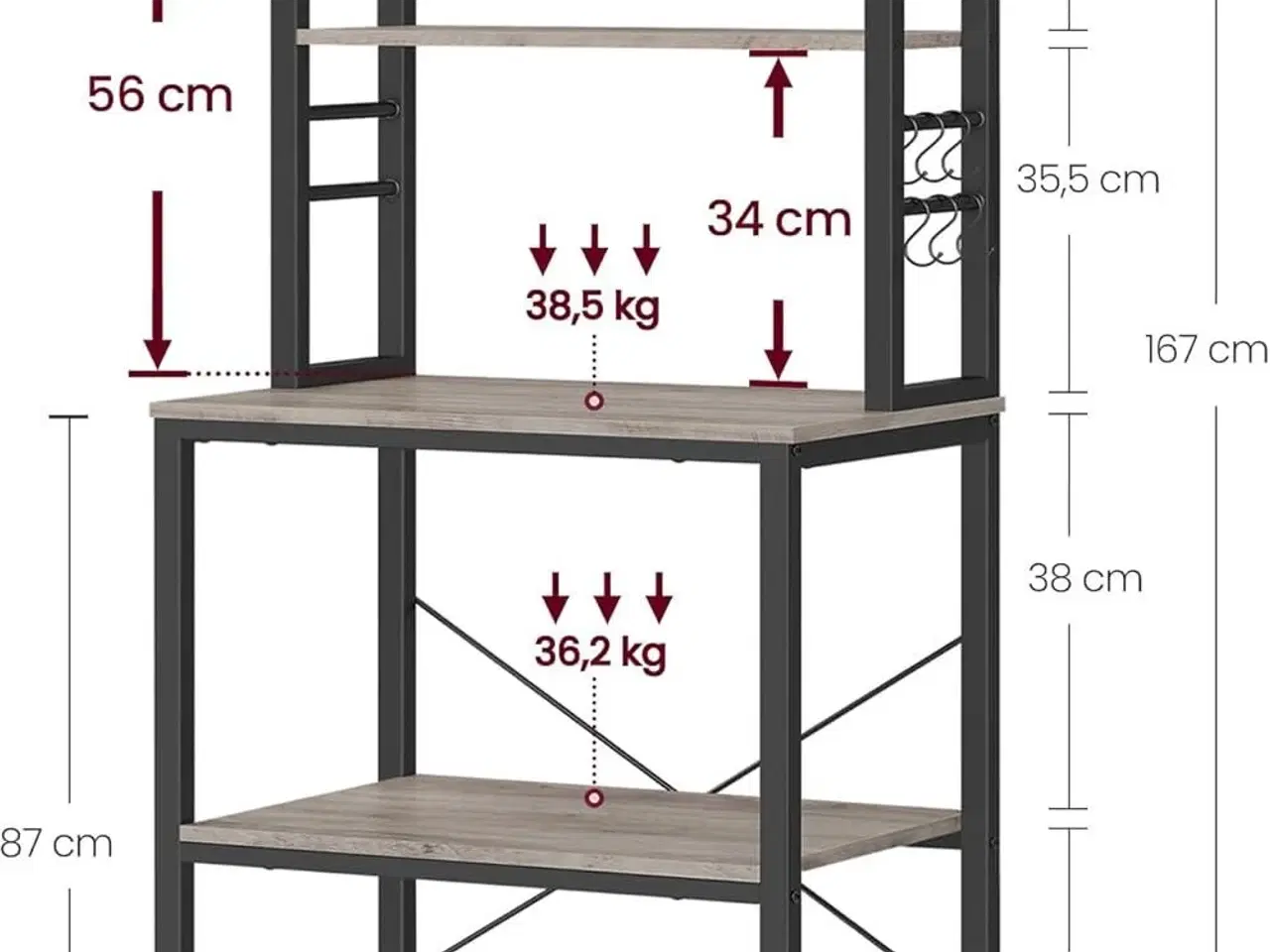 Billede 4 - Køkkenreol fritstående mikrobølgeovnshylde, 6 hylder, 6 kroge, stålramme, industrielt design, 40 × 60 × 167 cm, greige/sort