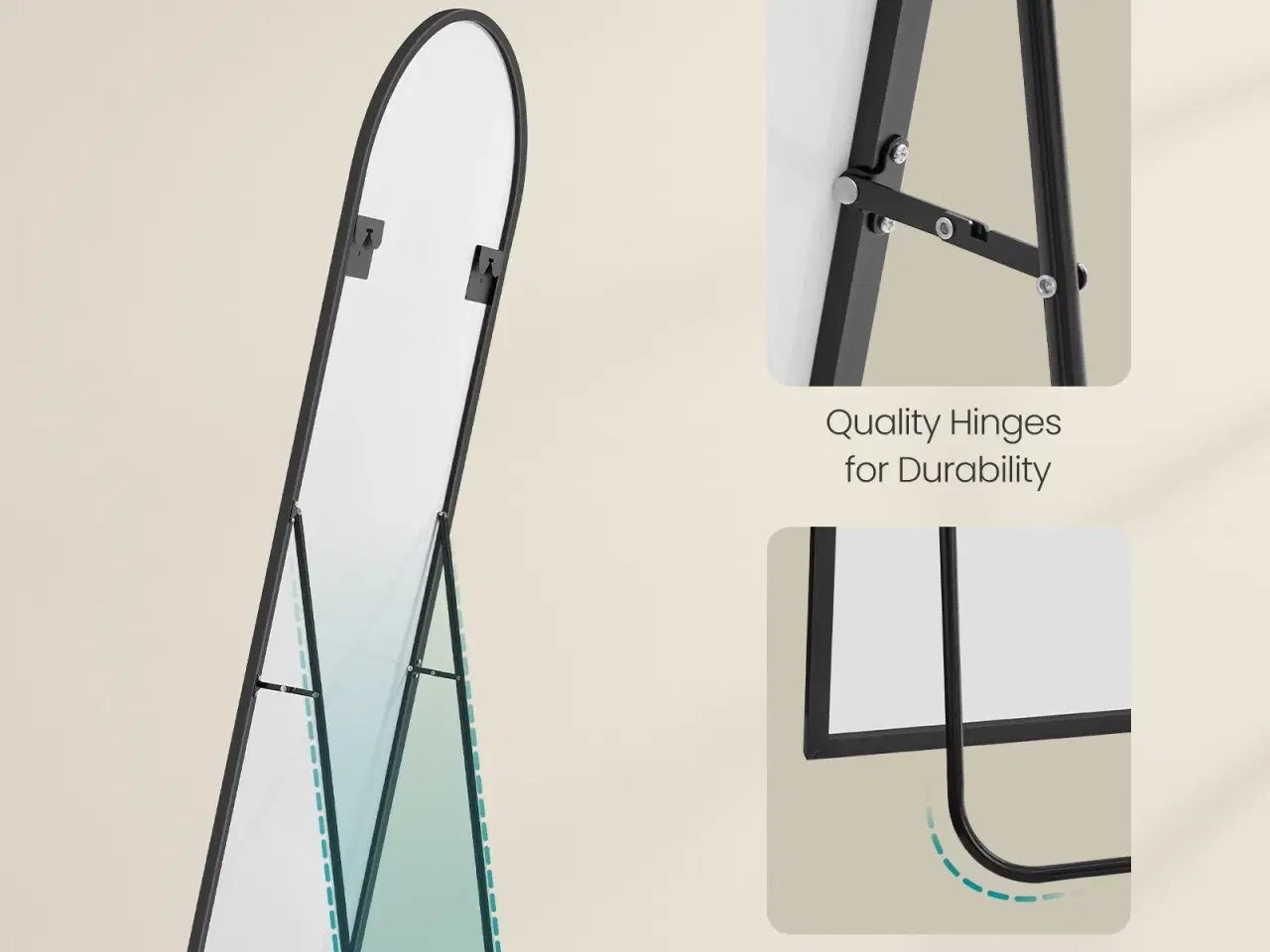 Billede 5 - Gulvspejl fuld længde 160 × 50 cm buet spejl med stander, hærdet glas, aluminiumsramme, Ink Black