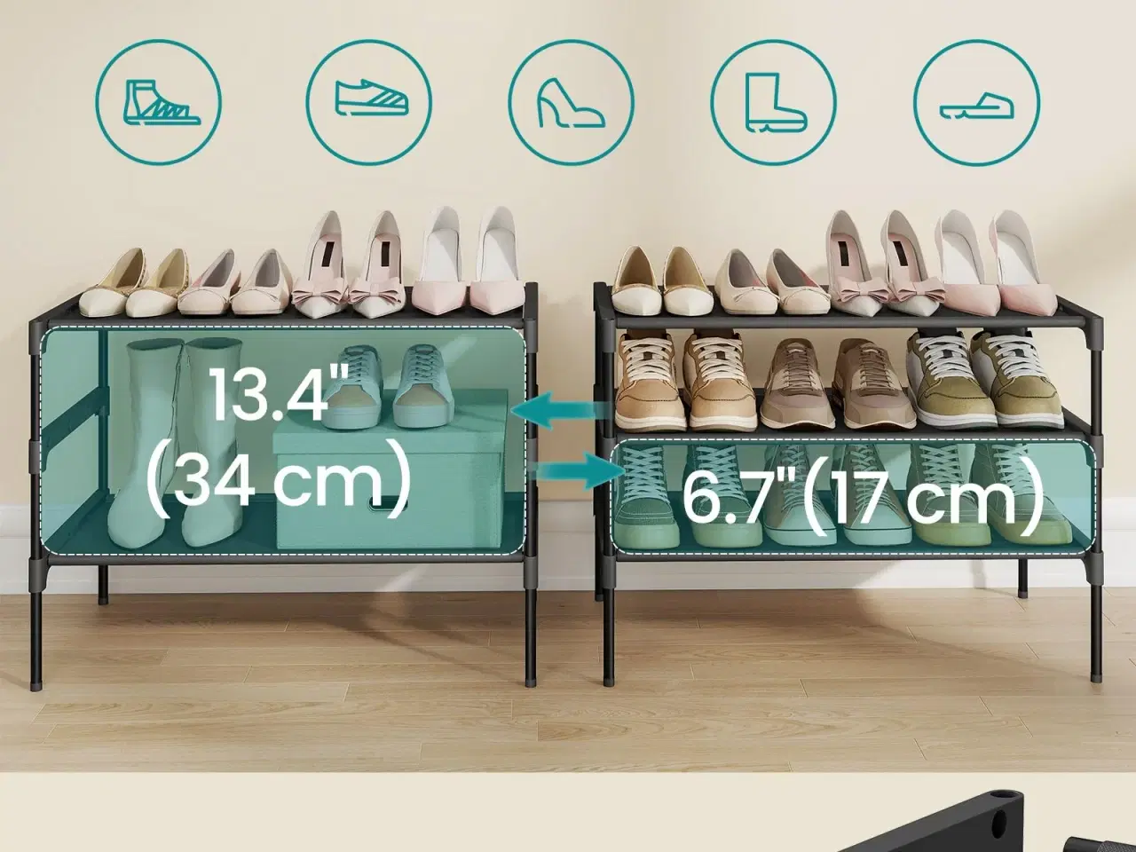 Billede 4 - Skostativ med 3 hylder – pladsbesparende skoreol i metal med non-woven hylder, ink black