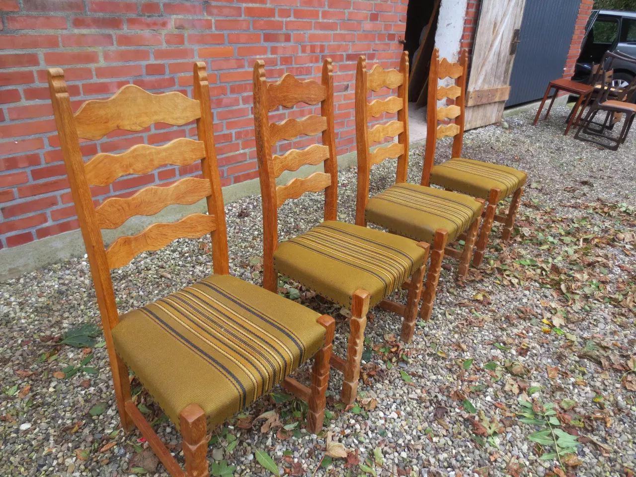 Billede 2 - 4 stk Egestræs stole med Grønstribet stof 