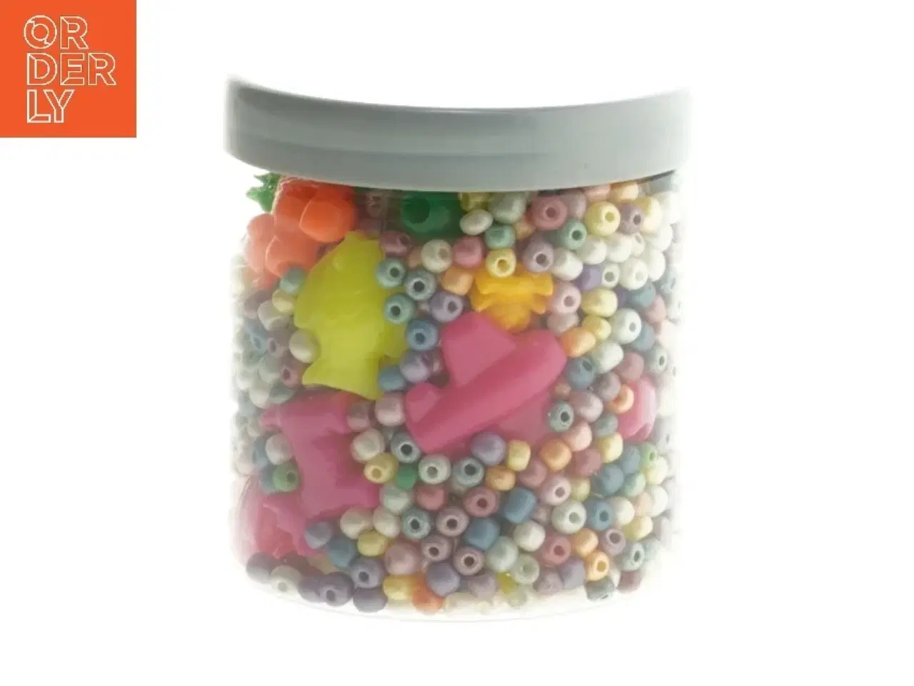 Billede 1 - Plastikperler i gennemsigtig beholder (str. Ø 7x7,5 cm)