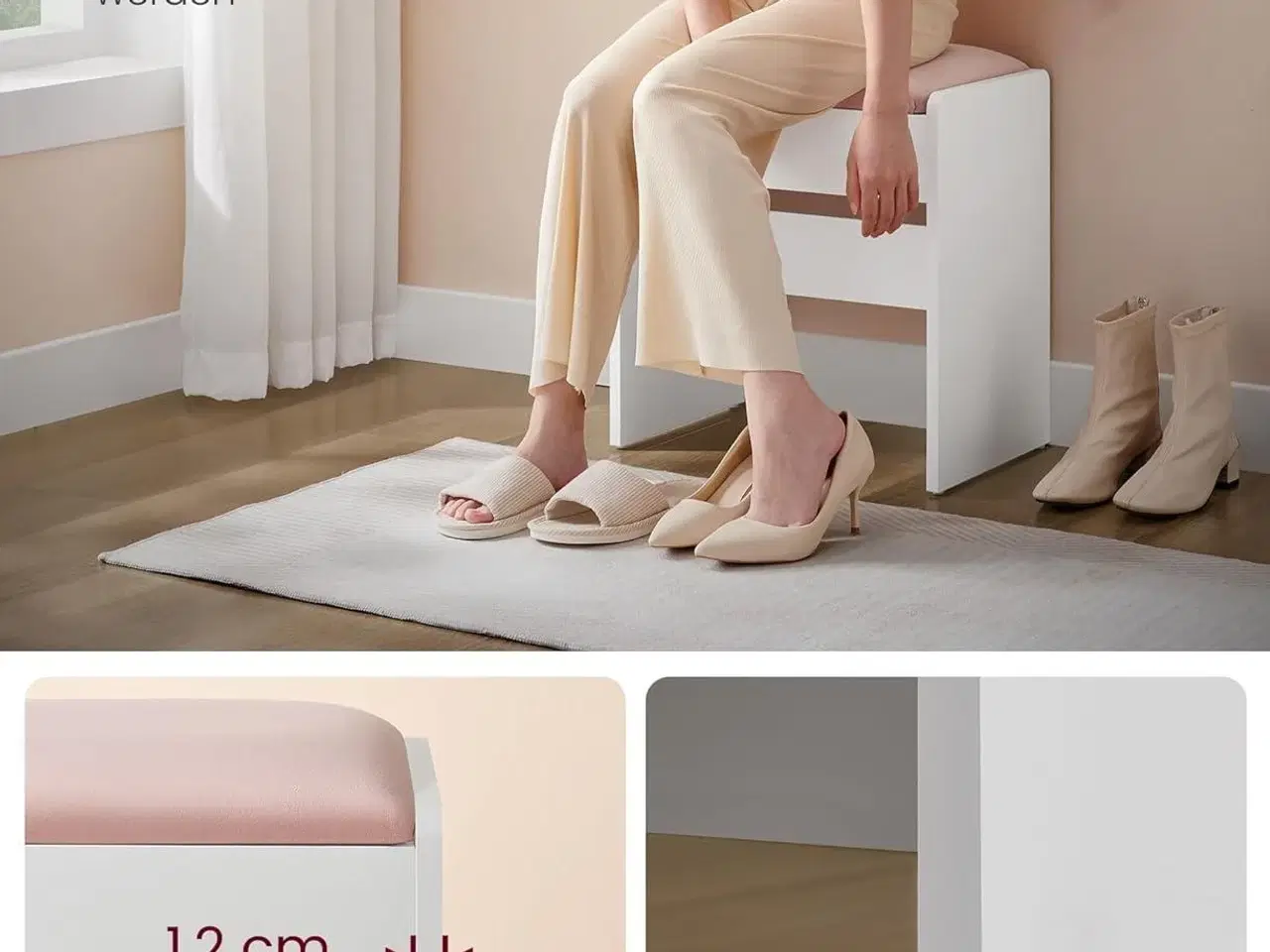 Billede 4 - Makeupskammel polstret velvet, skridsikre fødder, mat hvid/pastelrosa