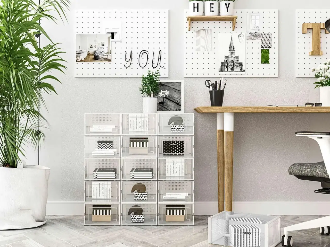 Billede 4 - Opbevaringsbokse til sko 18 stk. stabelbare, gennemsigtige med frontlåge, sammenklappelige, passer op til UK str. 10,5 – hvid/transparent