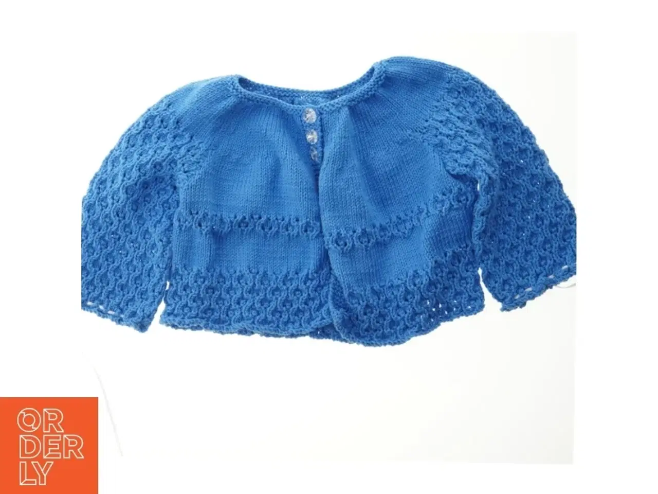 Billede 1 - Blå håndstrikket børnecardigan (str. Bryst, 38 cm. længde, 31 cm)