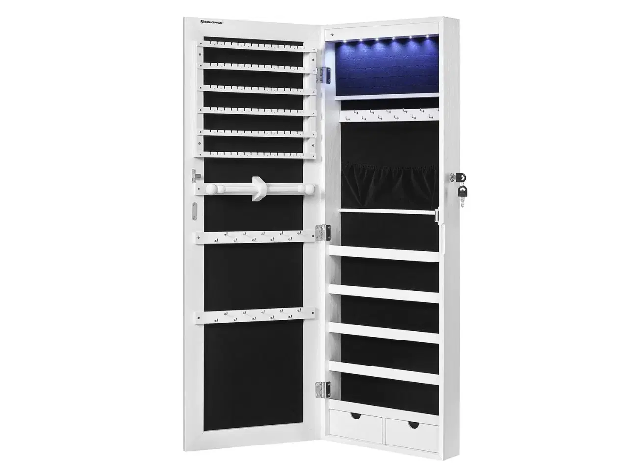 Billede 1 - Spejlskab til smykker med lys – rammeløst vægspejl/ dørophæng, stor kapacitet, hvid (JJC99WT)