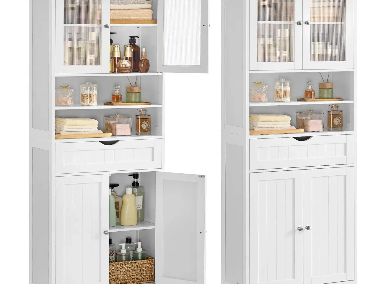 Billede 1 - Højt opbevaringsskab til badeværelse med justerbare hylder, skuffe og åbne rum – cloud hvid