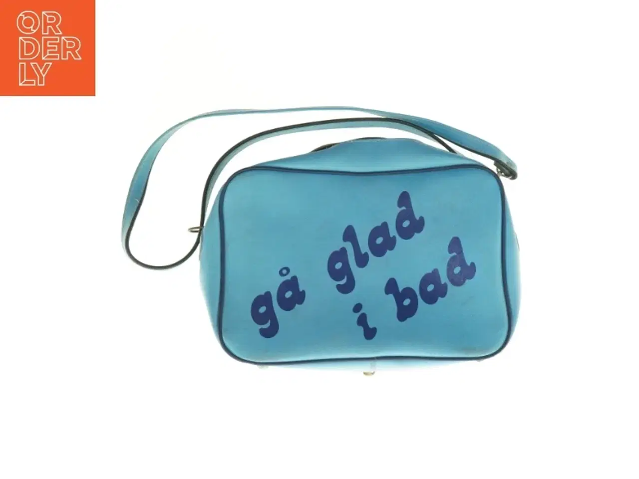 Billede 3 - Blå skuldertaske med tekst 'gå glad i bad' (str. 40 x 28 x 10 cm)