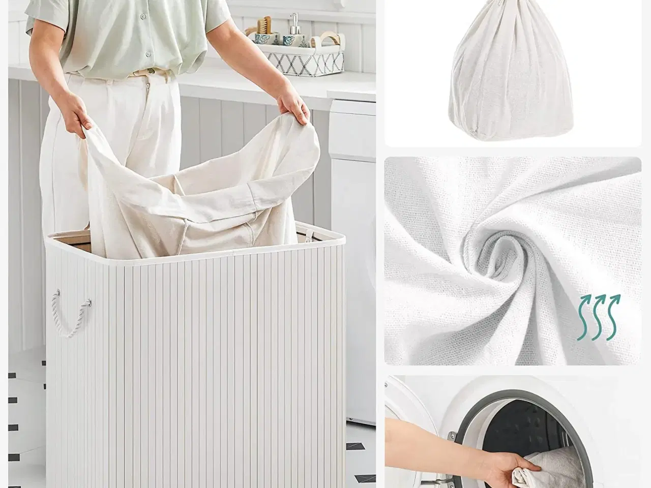 Billede 4 - Vasketøjskurv med låg 3 rum, 150 l, sammenklappelig, hvid