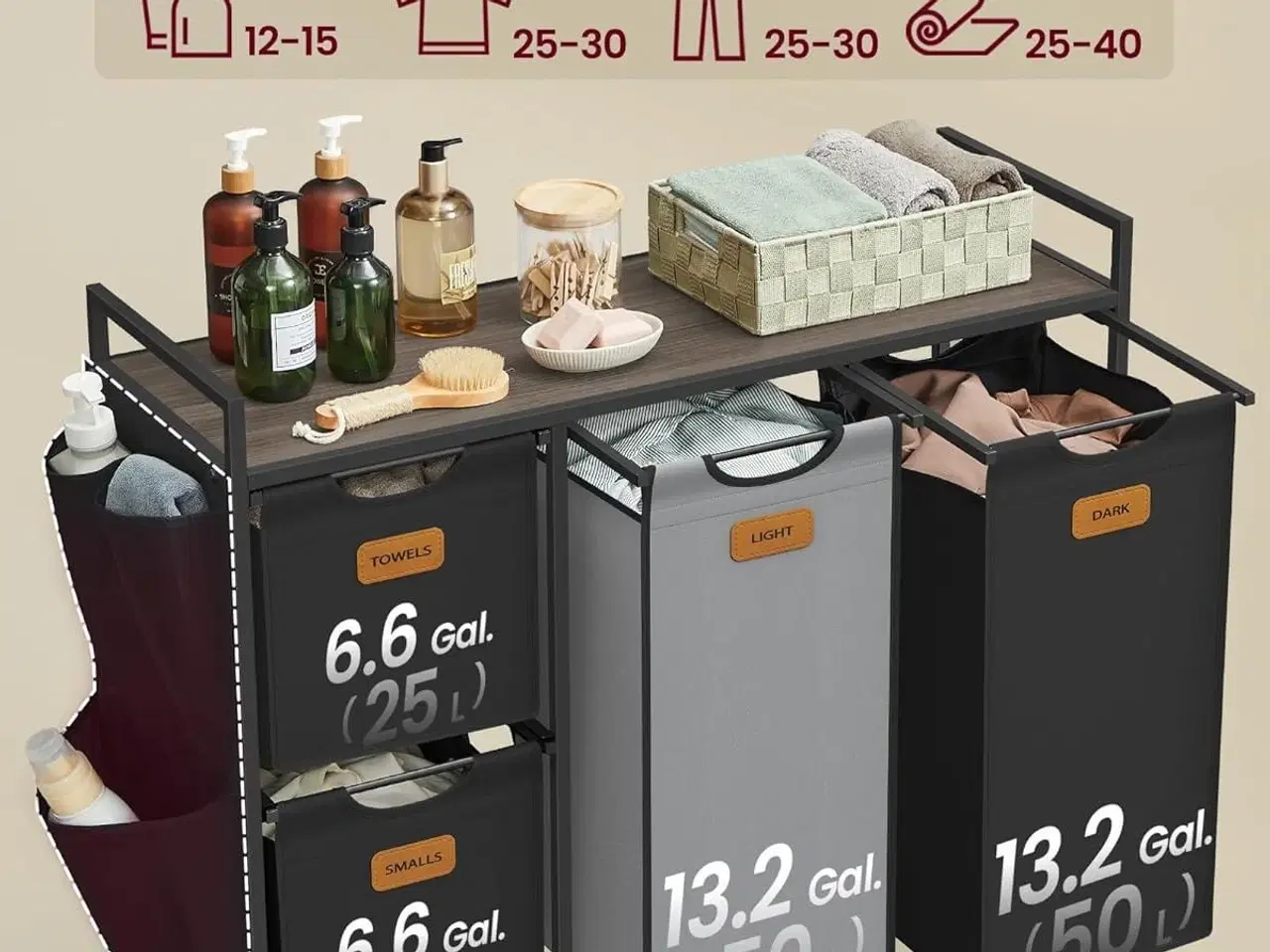Billede 4 - Vasketøjskurv med 4 rum 150 l sorter, rullevogn med hylder, aftagelige poser, 6 mærker, kastanjebrun/sort/duvegrå