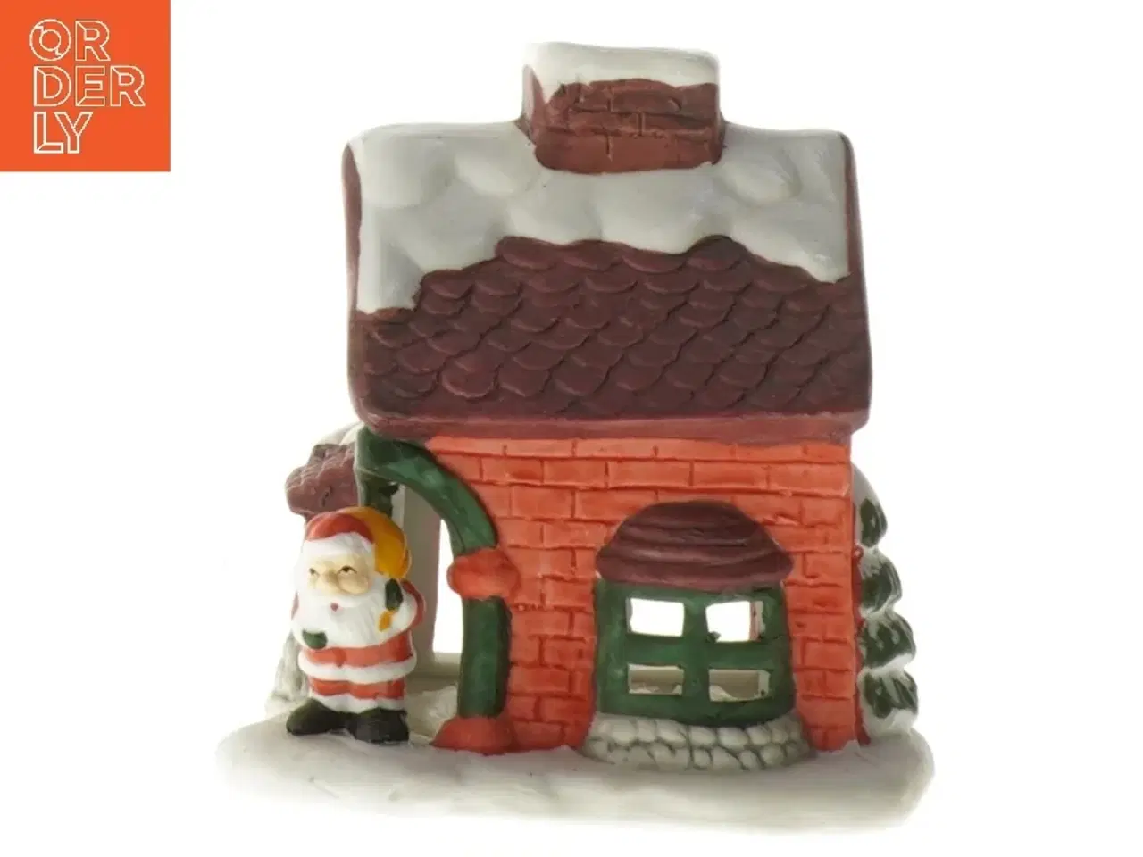 Billede 1 - Keramisk julehus med sne og julemand (str. 10x10,5 cm)