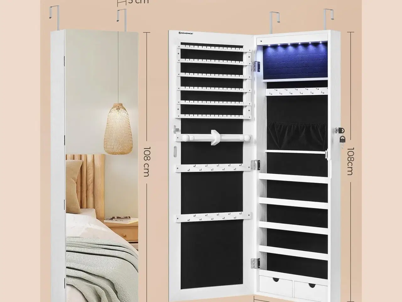 Billede 6 - Spejlskab til smykker med lys – rammeløst vægspejl/ dørophæng, stor kapacitet, hvid (JJC99WT)