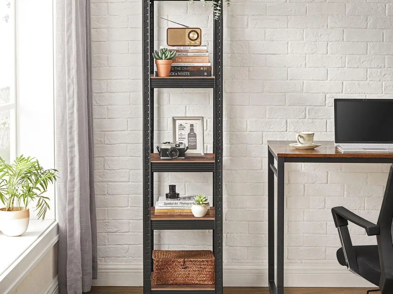 Billede 3 - Reolsystem metal med trælook 37×37×150 cm 5 hylder, justerbar, 400 kg samlet belastning, rustik brun/sort