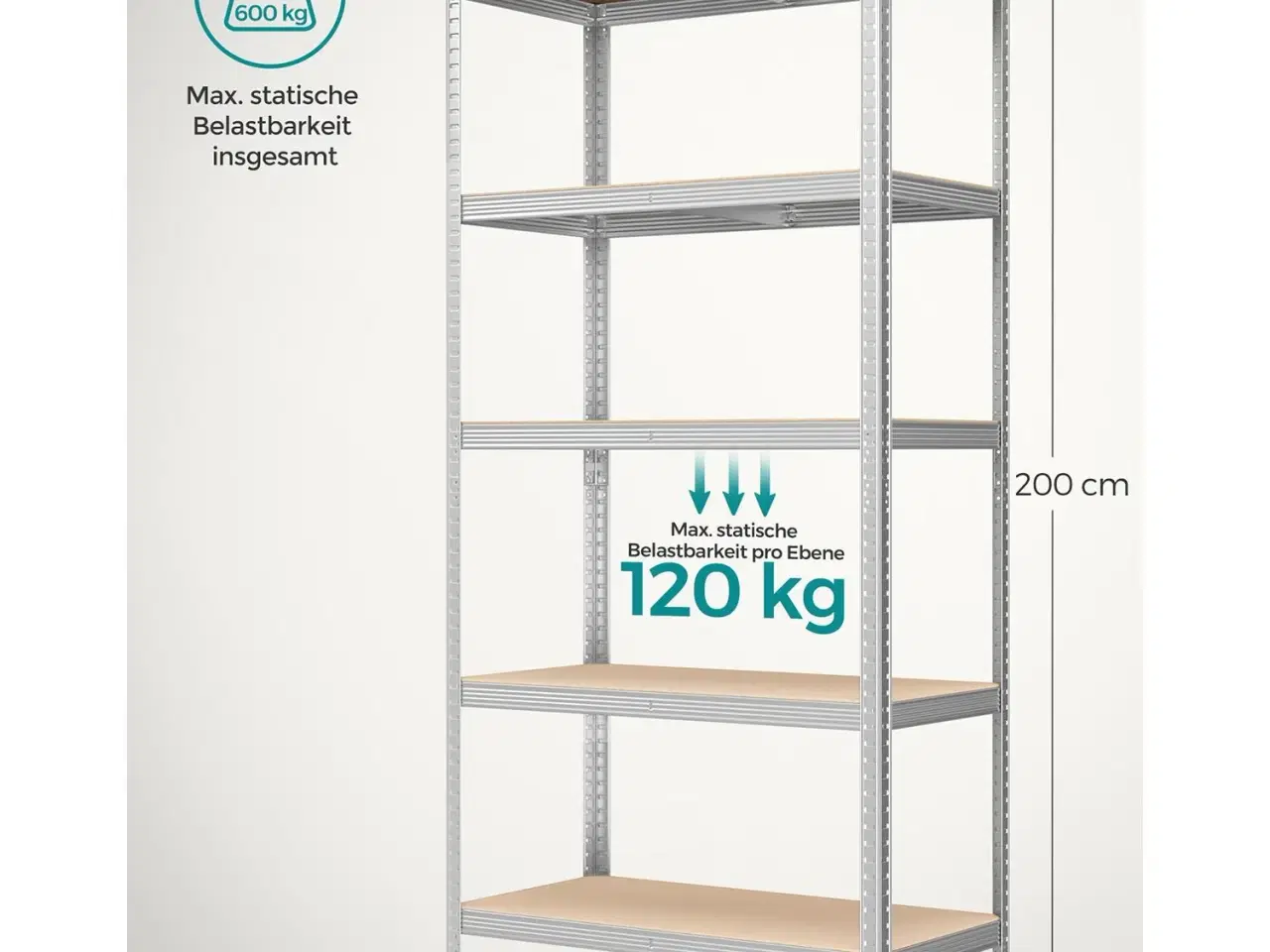 Billede 7 - Reol til garage 5 hylder sæt á 2, stål, 50 × 100 × 200 cm, sølv