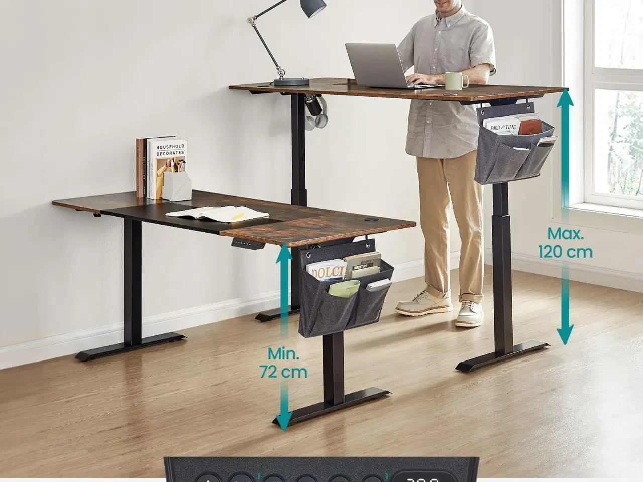 Billede 4 - Hæve-sænke skrivebord SONGMICS, 70 × 160 × 72–120 cm, delt bordplade, hukommelsesfunktion, vintage brun/sort