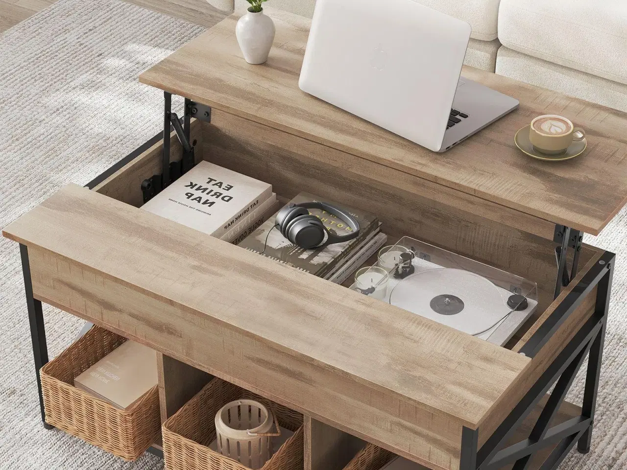 Billede 4 - Sofabord med løftelåg højdejusterbart, åben og skjult opbevaring, X-stivere, 60 × 100 × 48–62 cm, kamelbrun/sort