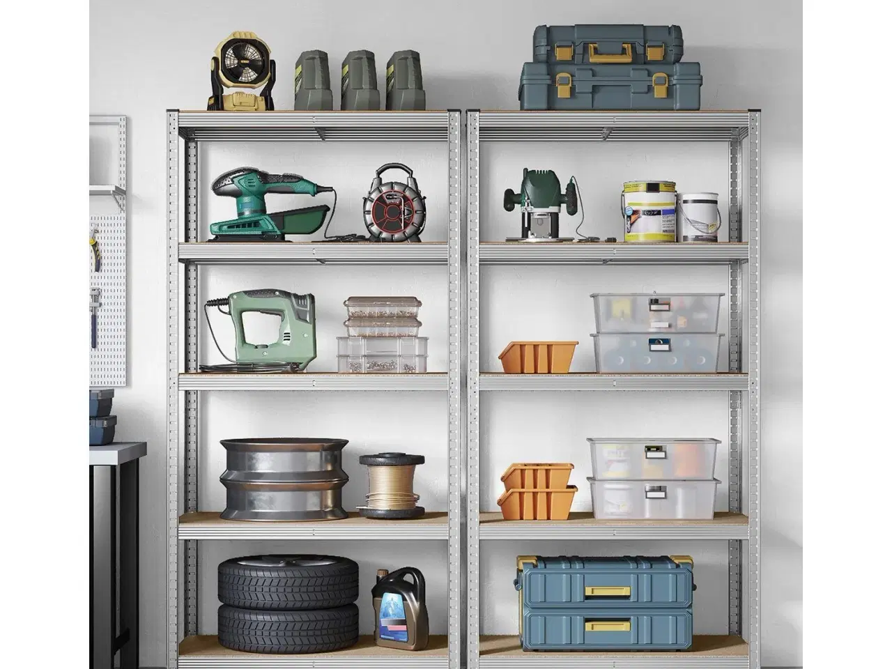 Billede 2 - Reol til garage 5 hylder sæt á 2, stål, 50 × 100 × 200 cm, sølv
