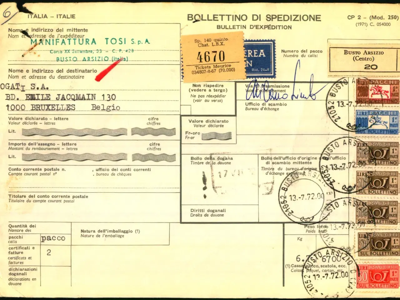 Billede 1 - Luftpost - Adressekort for luftpakke fra Italien til Belgien - 13 - 7 - 72