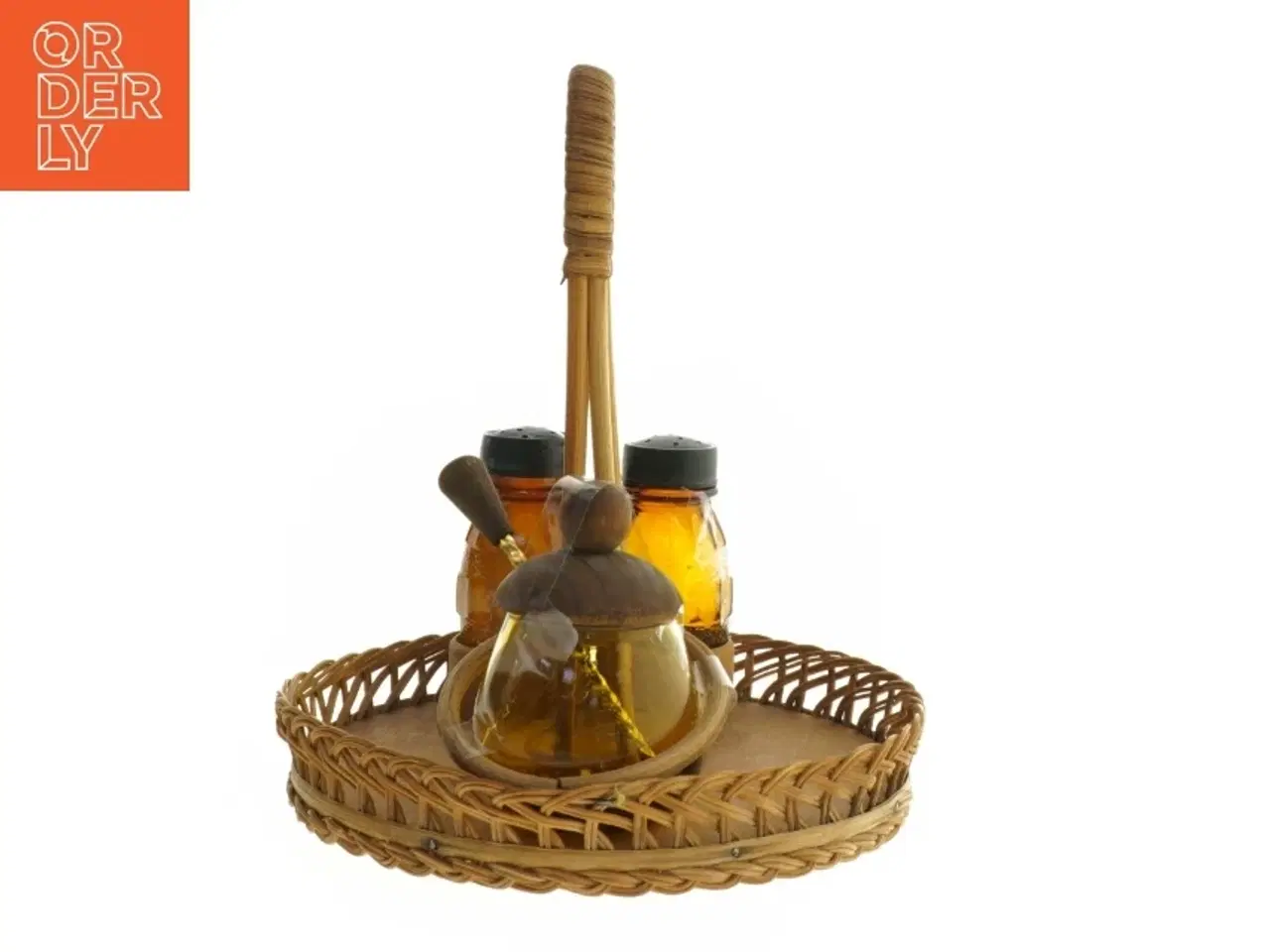 Billede 3 - Vintage Plat de Menage Teaktræ & Flet Serveringssæt (str. Ø. 18 cm. længde. 24 cm)