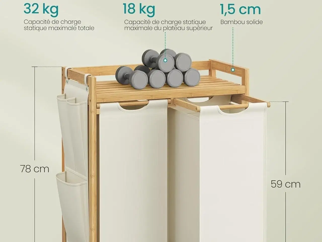 Billede 2 - Vasketøjskurv med 2 rum bambus, 100 l med hylde og sidelommer, cremehvid 63 × 33 × 78 cm