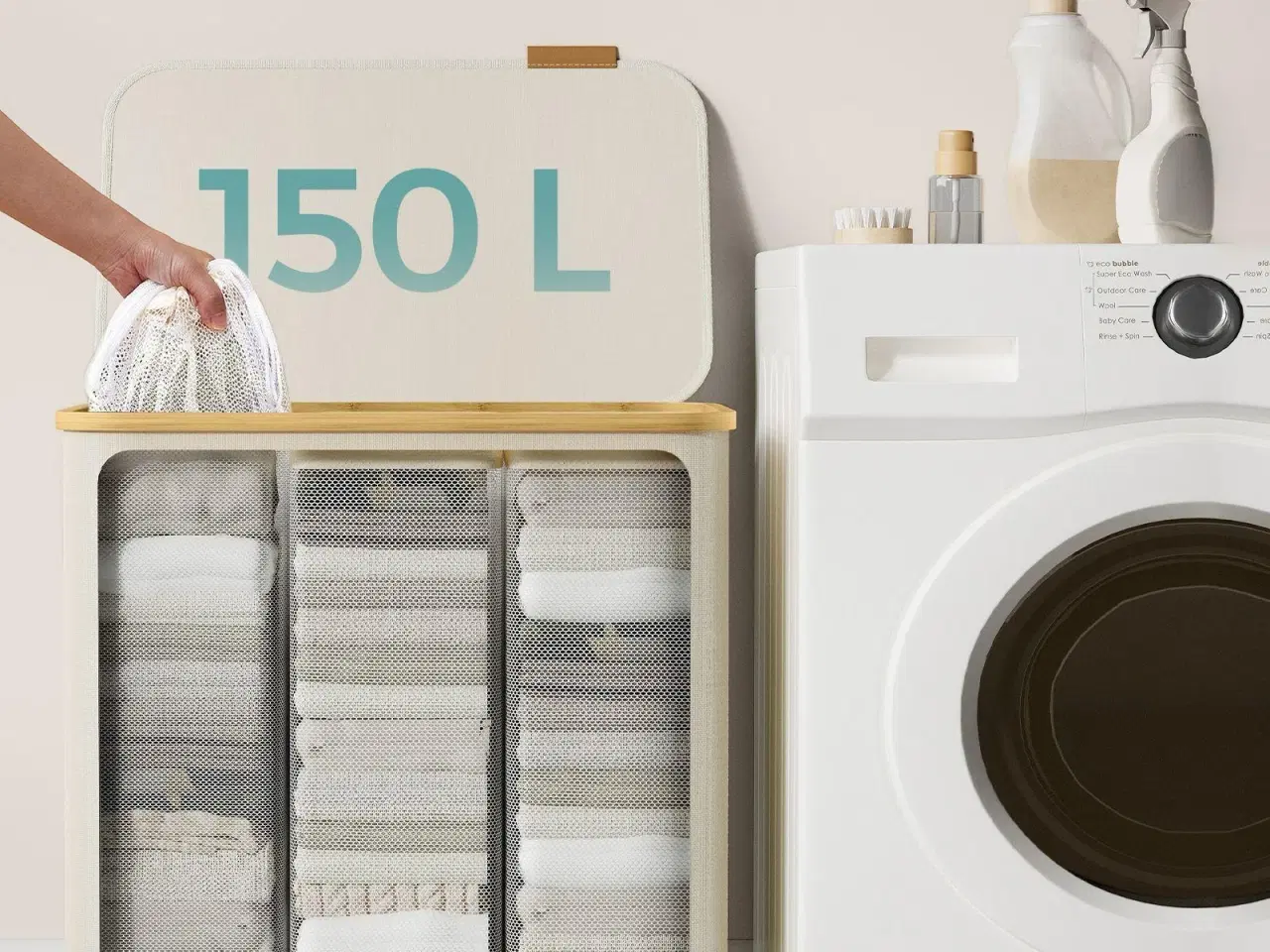 Billede 3 - Vasketøjskurv med låg 3 rum, 150 l, aftagelig mesh-indsats, bambushåndtag, sammenklappelig, cremehvid