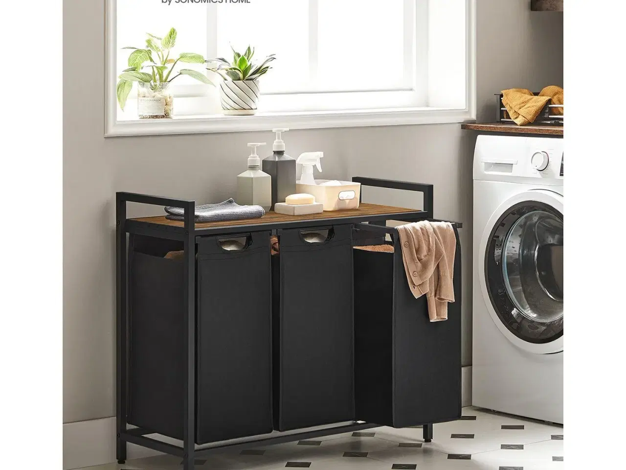 Billede 2 - Vasketøjssorterer med 3 poser og hylde – VASAGLE, rustik brun/sort, 38 l pr. pose