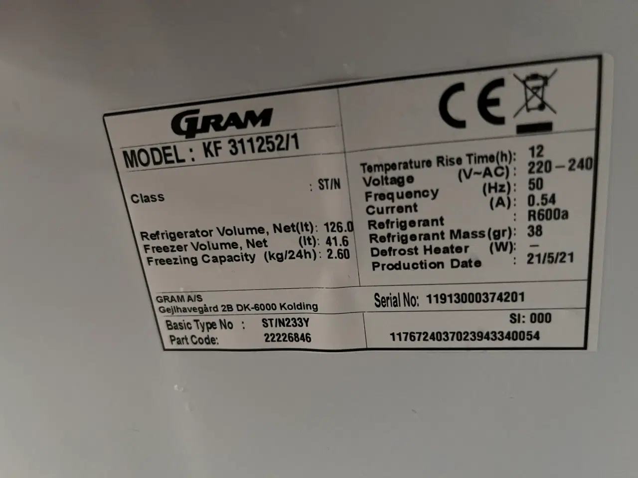 Billede 1 - Gram Køle/fryseskab KF 311254/1