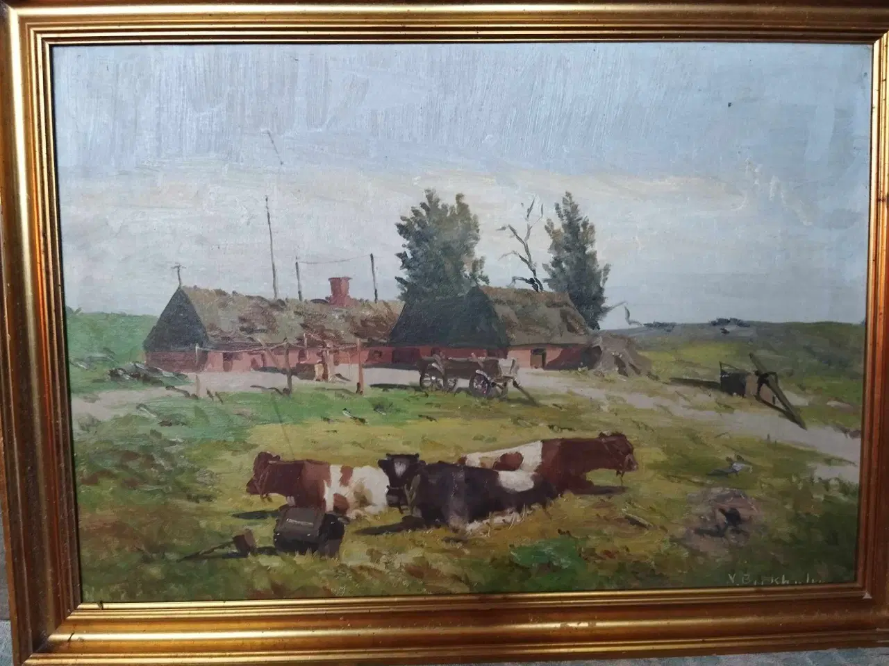Billede 1 - Køer på mark V. Birkholm maleri 