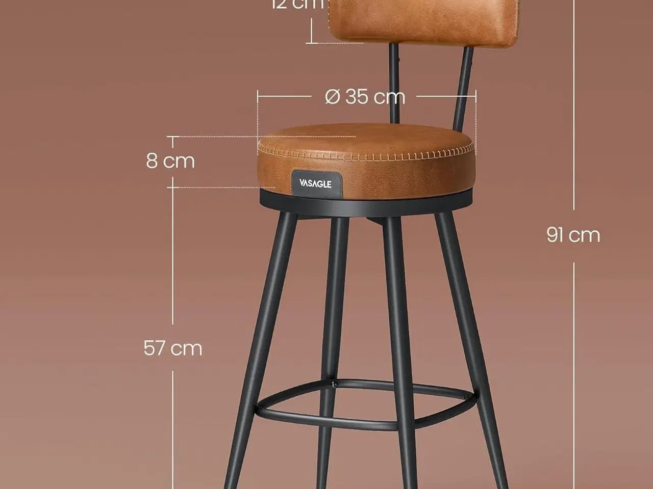 Billede 5 - Barstole med ryglæn VASAGLE EKHO – 2 stk., 360° drej, syntetisk læder, 65 cm sædehøjde, karamelfarve
