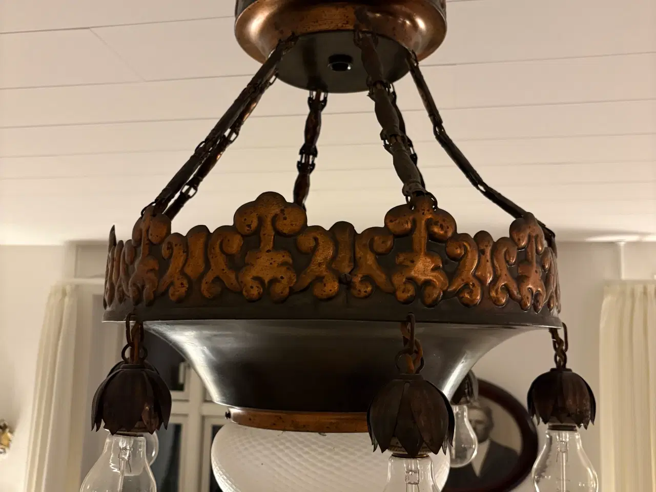 Billede 4 - Smuk antik loftlampe i patineret metal 