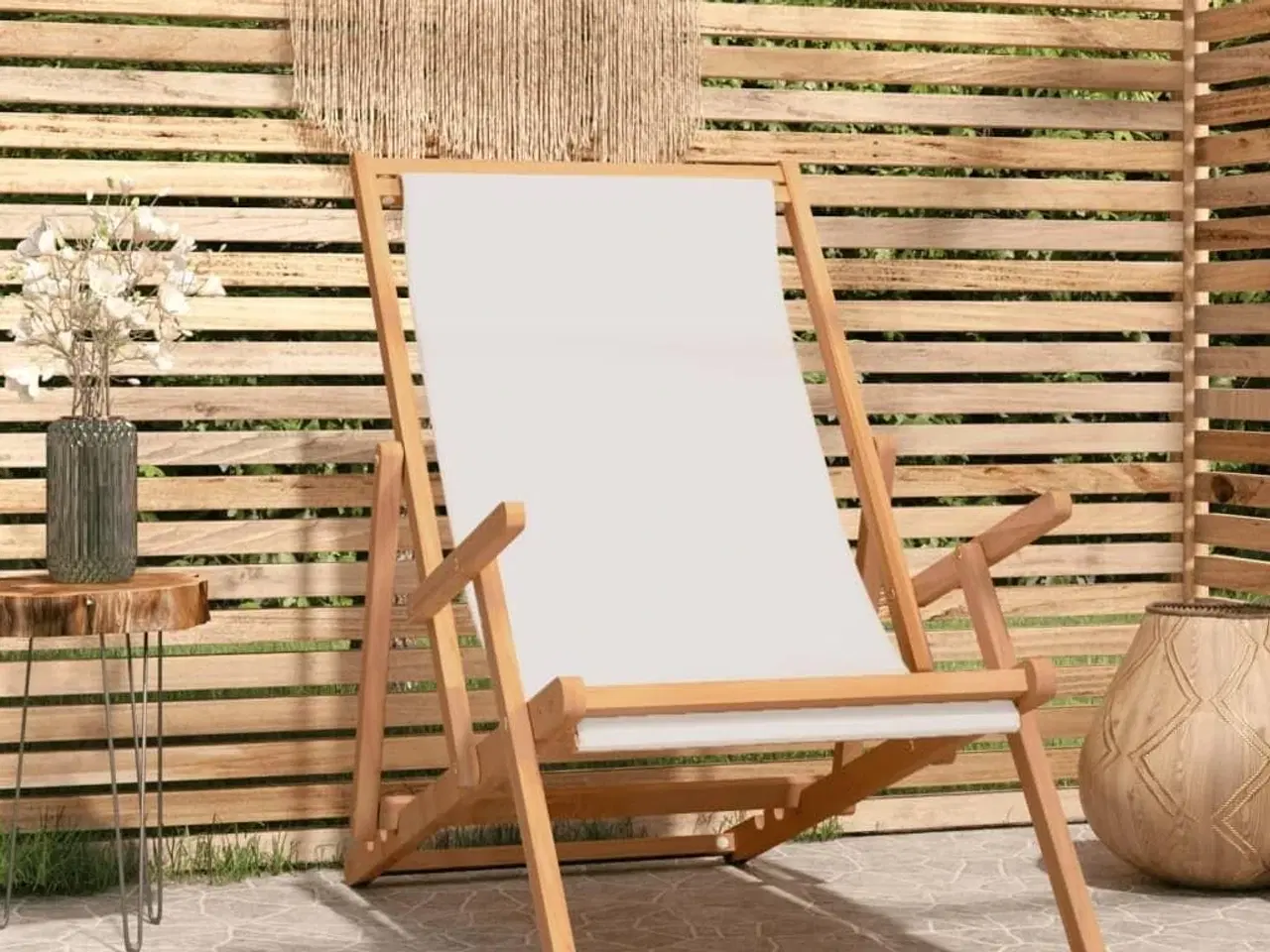 Billede 1 - Foldbar strandstol massivt teaktræ cremefarvet