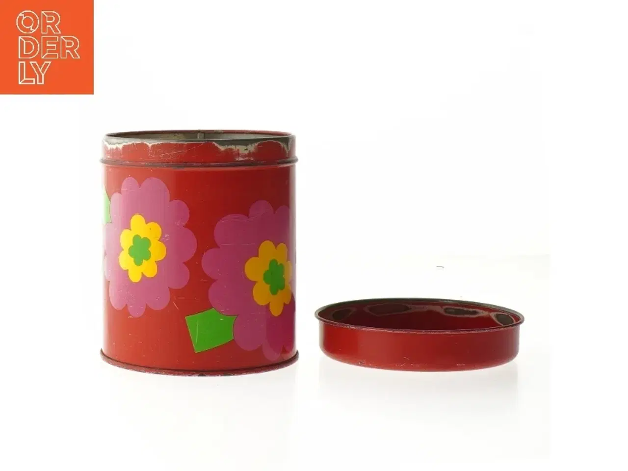 Billede 2 - Retro dåse i metal med blomster fra Lundtofte, Copenhagen Denmark (str. Ø 10,5 cm højde 13 cm)