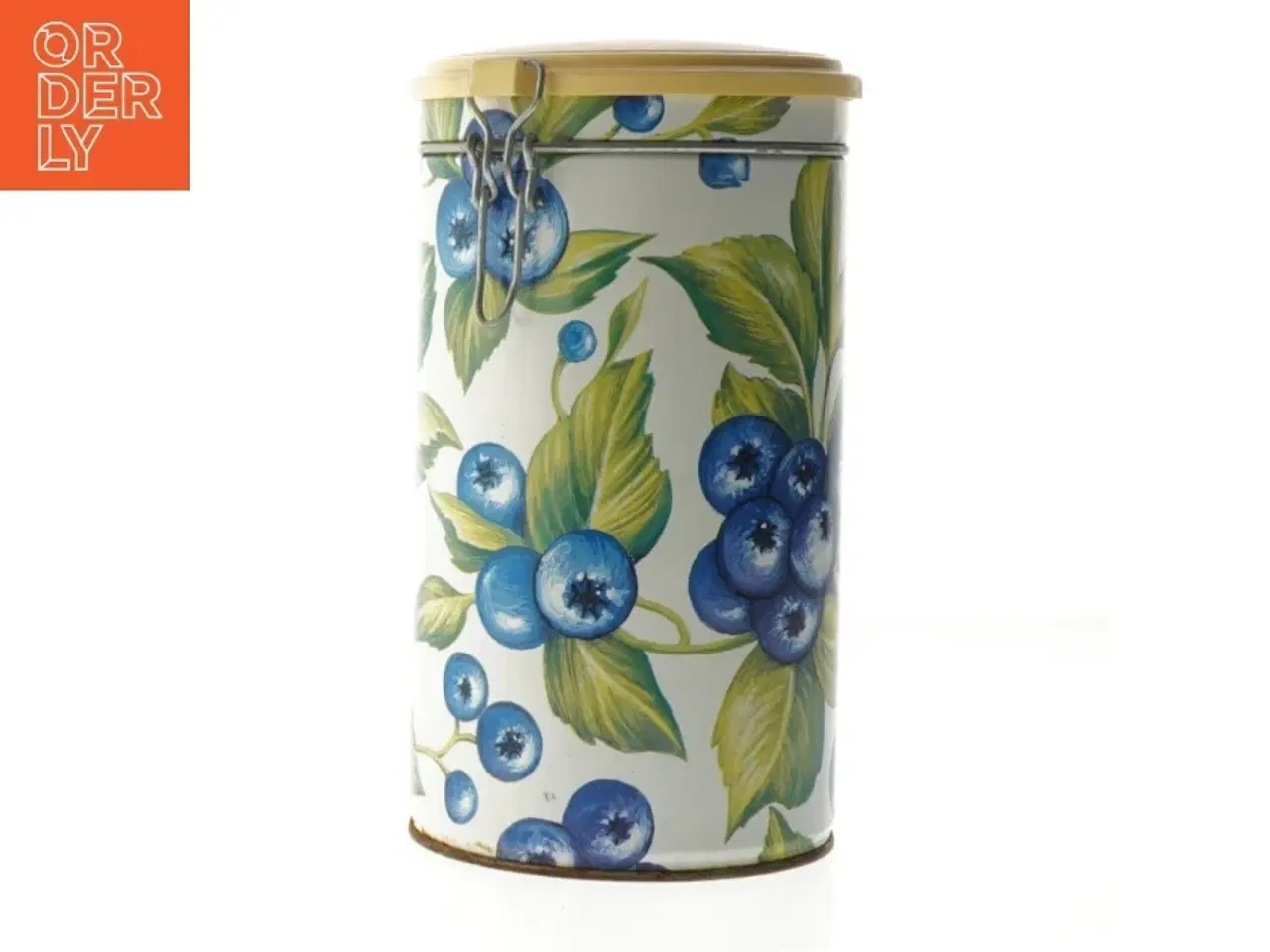 Billede 1 - Metalbeholder med blåbærmotiv fra Mega (str. Ø. elve cm. længde. 20 cm)