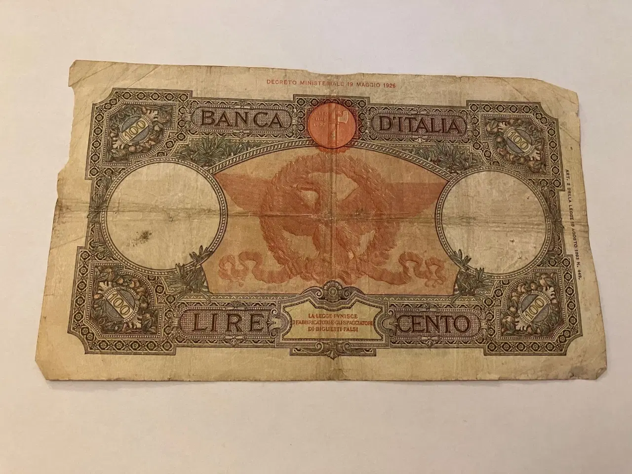 Billede 1 - 100 Lire Italy 1926 - Meget dårlig stand