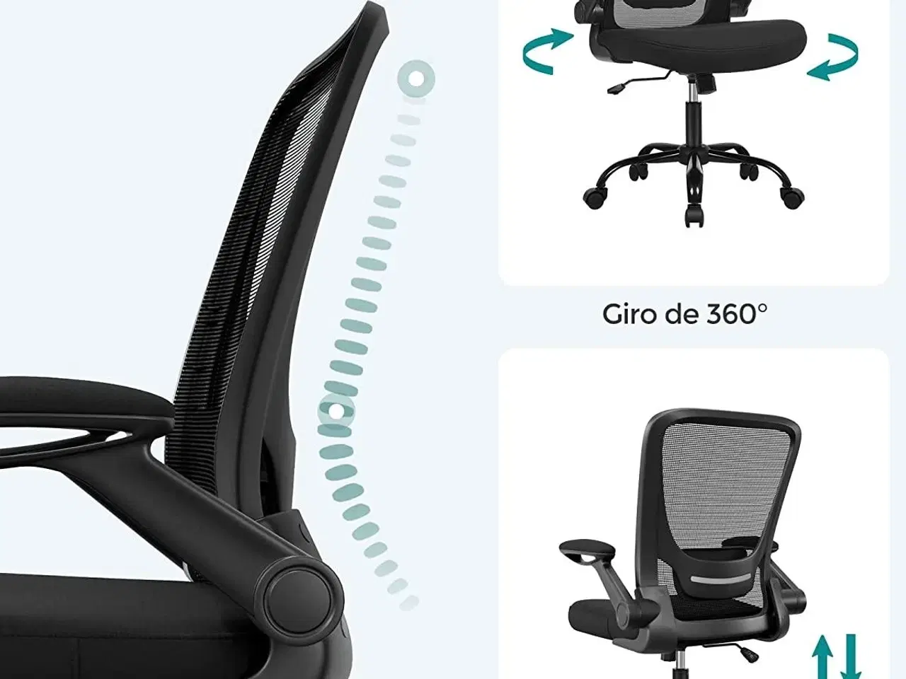 Billede 4 - Kontorstol mesh med armlæn ergonomisk stol, 53 cm sæde, sort