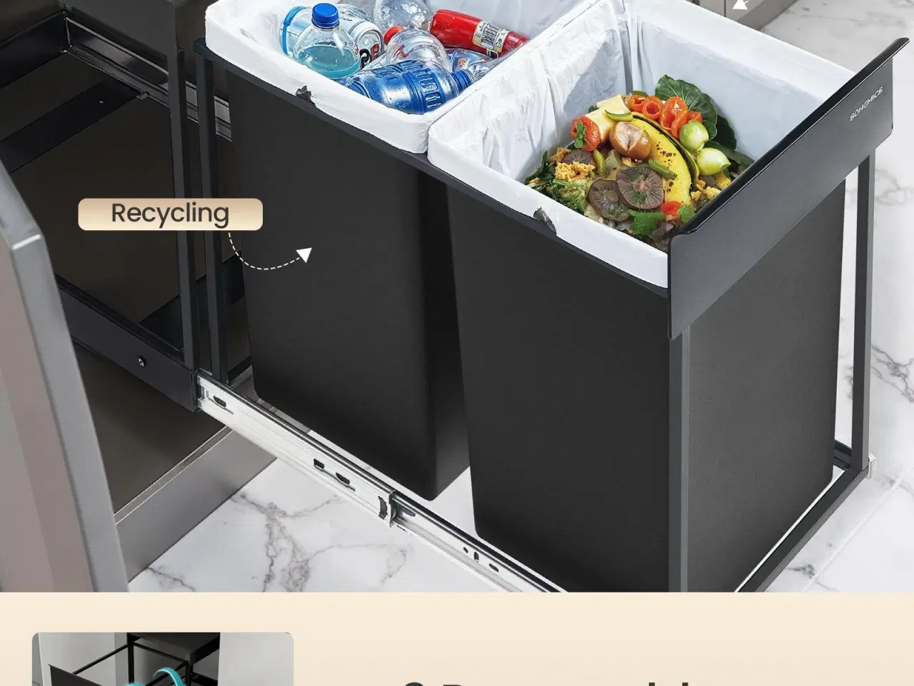 Billede 5 - Indbygget skraldespand til køkkenskab – 2 x 20 l, udtræk, stålramme, ABS-låg, ink black (LTB951B01)