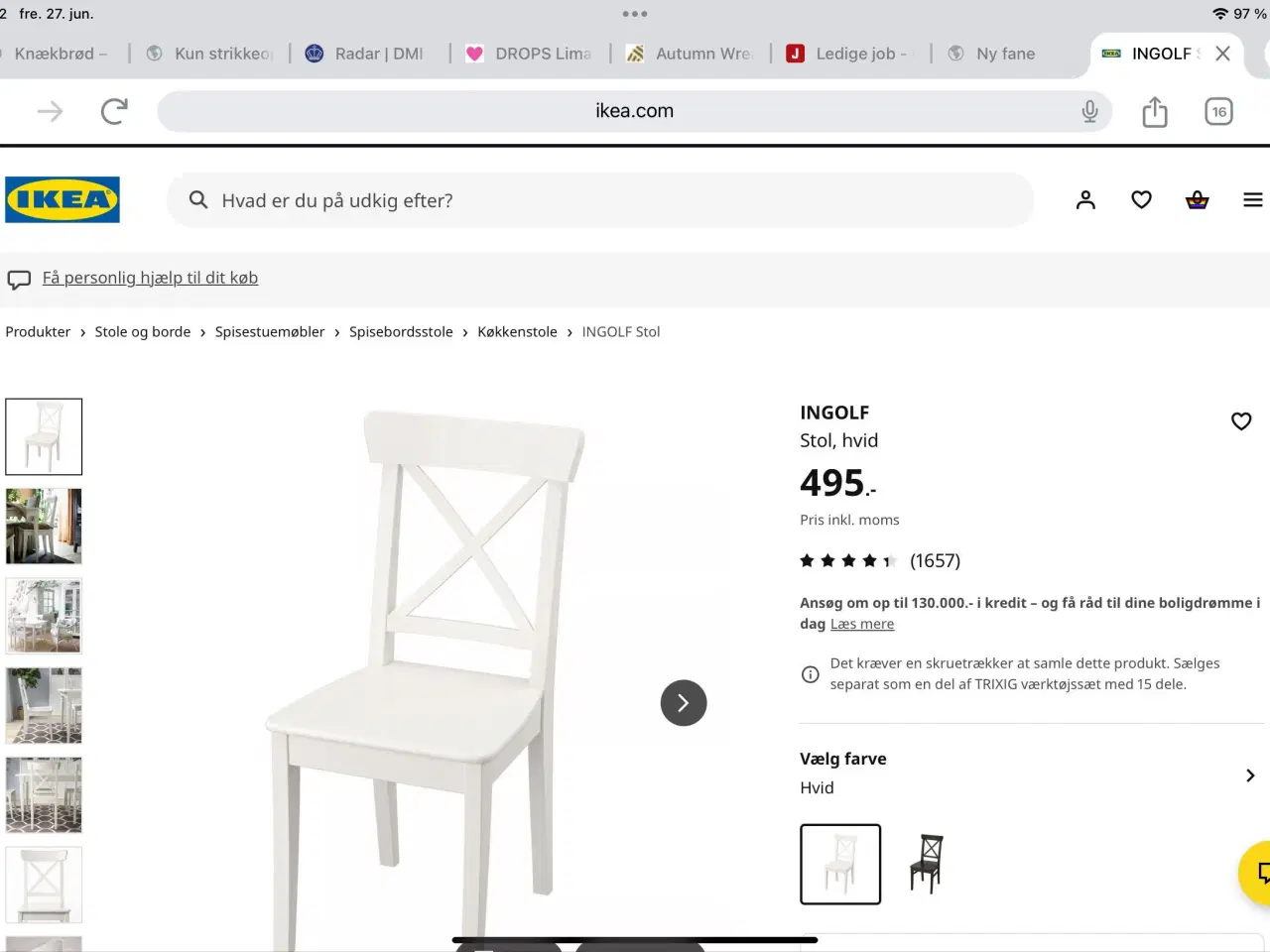 Billede 2 - IKEA spisebord, hvid med 2 udtræksplade og 3 stole