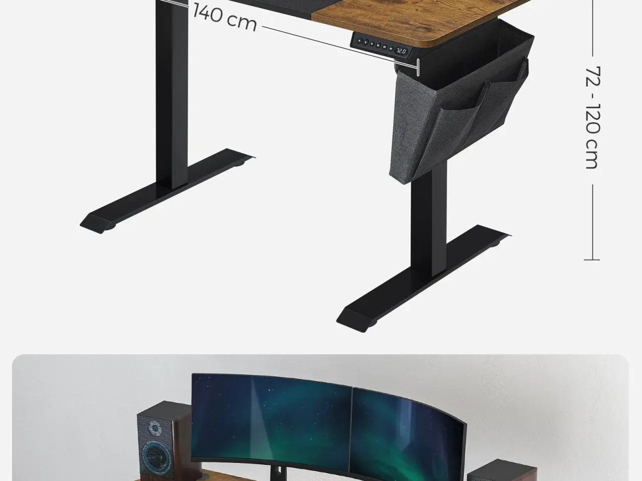 Billede 7 - Hæve-sænkebord, elektrisk – 60 × 140 × 72–120 cm, 4 hukommelser, belastningssikring, vintage brun/sort (LSD016X01)